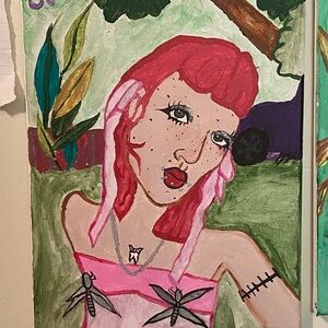Whimsical Pink and Green Portrait Painting